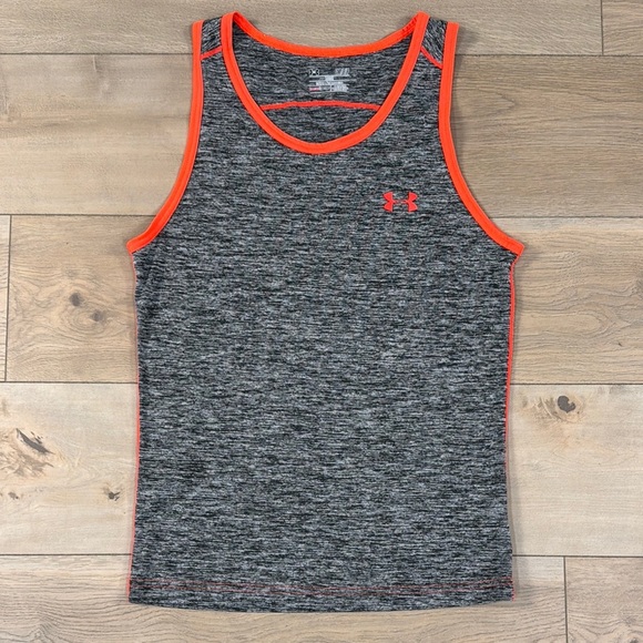 Under Armour Men’s Tech Tank Heathered Gray and Neon Orange Tank Top Heat Gear - Picture 1 of 10